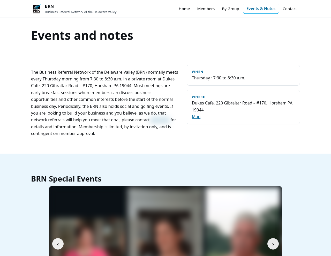 Events page on desktop, with photos blurred